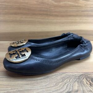 Tory Burch Reva Flats Girls Kids Size 2 Black Leather Gold Logo Ballet